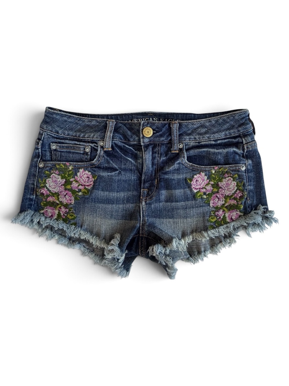 Floral Embroidered Denim Low Rise Boho Festival Frayed Cutoff Jean Shorts Size 4
